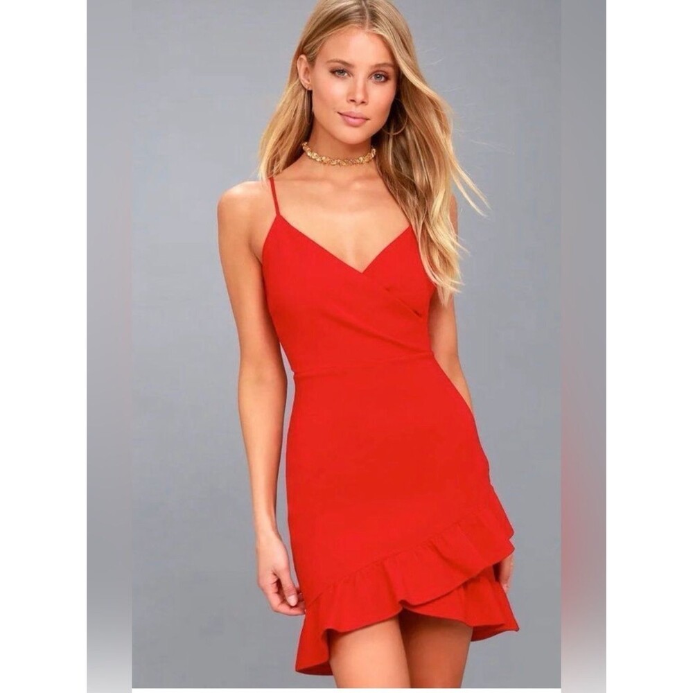 Lulu's Red Spaghetti-Strap Wrap Mini Dress with Ruffle Hem Size Medium New